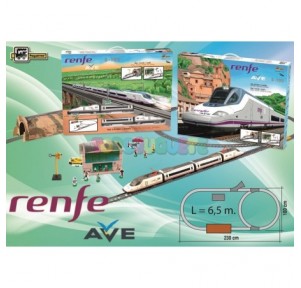 Tren AVE con desvíos, túnel de montaña y estación