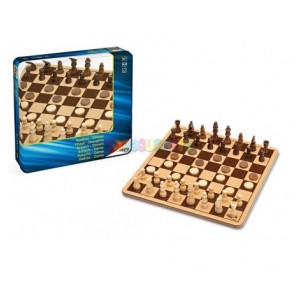 Juego ajedrez damas madera caja metálica Cayro