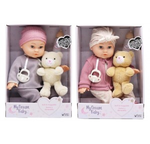 Muñeca Bebé 35cm con Osito Peluche y Biberón 2 Sdo